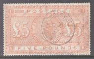 1867 £5 Orange on Blued Paper SG 133 Lettered A.K.  A sound Used example cancelled by a Charring Cross CDS of 15th May 1882. A nice early date. (Before the issue of the white paper)  Cat £12,500