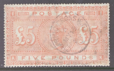 1867 £5 Orange on Blued Paper SG 133 Lettered A.K.  A sound Used example by a Charring Cross CDS of 15th May 1882. A ni…