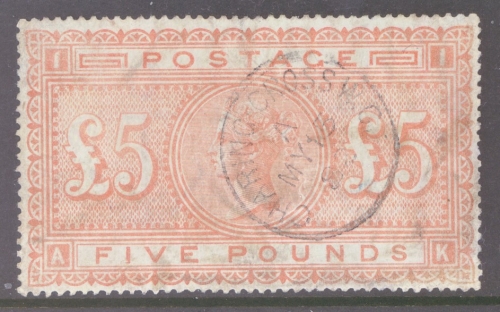 1867 £5 Orange on Blued Paper SG 133 Lettered A.K.  A sound Used example by a Charring Cross CDS of 15th May 1882. A nice early date. (Before the issue of the white paper)  Cat £12,500