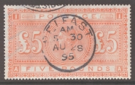 1867 £5 Orange SG 137 Lettered A.A.  A Fine Used well Centred example with Good Colour. Cat £4750