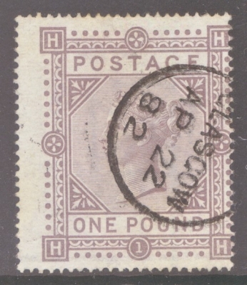 1867 £1 Brown Lilac SG 129. Lettered H.H.  A Very Fine Used example with good colour and perfs. Cat £4,500