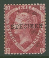 1870 1½d Rose Red SG 51 Plate 3 Lettered G.B. overprinted Specimen  A Fresh MM example, but a rounded Corner. Cat £300