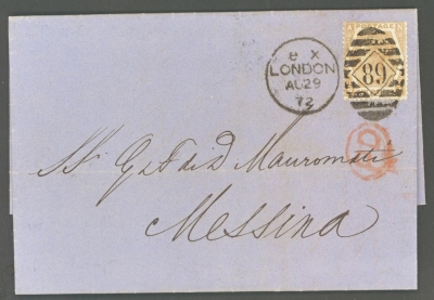 1872 6d Chesnut SG 122a Pl 11 on letter from London  to Messina Italy