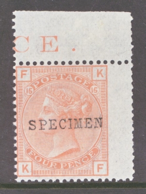 1873 4d Vermilion Plate 15 K.F. Overprinted Specimen SG 152s   A Fresh U/M Marginal example. Cat £400