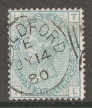 1873 1/- Green SG 150 Plate 13 T.L. A Very Fine Used example. Cat £160 + 100%