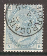 1873 1/- Green SG 150 Plate 12 N.B.   A Superb Used example cancelled by a Harrogate CDS. A difficult stamp as such.