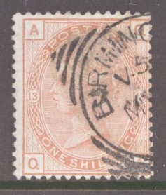 1873 1/- Orange Brown SG 151 Q.A. A fine example of this difficult stamp