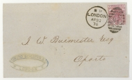 1873 2½d Rose Mauve on Blued paper SG 138 Plate 1.    A Fine Used example from London to Porto on an exceptionally Fine letter sheet. RPS cert