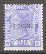 1873 2½d Blue Plate 17 B.A. Overprinted Specimen SG 142s   A Superb U/M example.