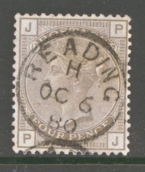 1873 4d Grey Brown SG 154 Plate 17 P.J.  A Very Fine used Well Centred example cancelled by an upright Reading CDS. A Difficult stamp. Cat £1,000 as such