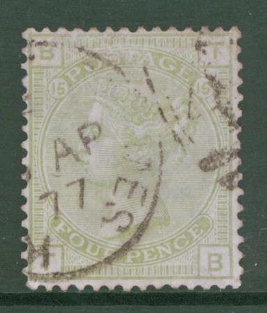 1873 4d Sage Green SG 153 Plate 15  T.B.  A Very Fine Used example. Cat £325