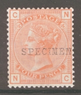 1873 4d Vermilion Plate 15 N.C. Overprinted Specimen SG 152s   A Fresh U/M example. Cat £400