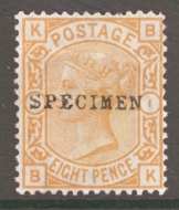 1873 8d Orange B.K. Overprinted Specimen SG 156s   A Fresh M/M example with light gum crease. Cat £350