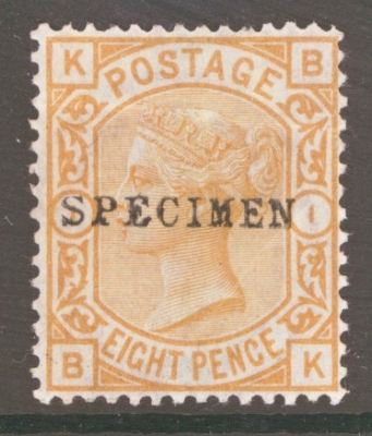 1873 8d Orange B.K. Overprinted Specimen SG 156s   A Fresh M/M example with light gum crease. Cat £350