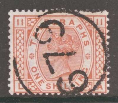 1876 Telegraph 1/- Brown Orange SG T10 Plate 11  L.A.  A  Very Fine Used example. Cat £200