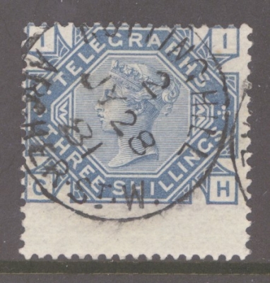 1876 3/- Slate Blue Telegraph SG T11  A  Very Fine Used example. Cat £80