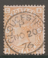 1873 8d Orange SG 156. A.C  A Very Fine Used example Neatly cancelled by an Upright Gloucester CDS. Cat £350+