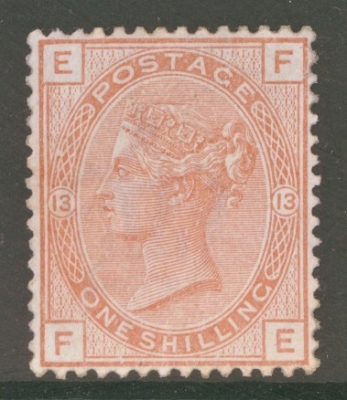 1880 1/- Orange Brown SG 163 Plate 13 F.E.  A Fresh Unused example without gum. Cat £875 with gum