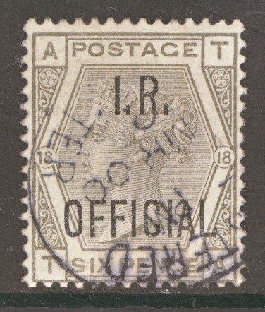 1882 6d Grey I.R. Official SG 04  T.A.  A Very Fine Used example. Cat £140