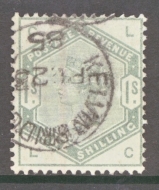 1883 1/- Green SG 196 Lettered L.C.  A Very Fine Used well centred example. 