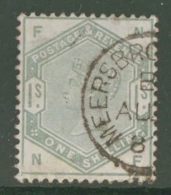 1883 1/- Green SG 196 Lettered N.F.  A Very Fine Used well centred example. Cat £325