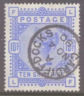 1883 10/- Ultramarine SG 183 lettered L.F.  A Very Fine Used well centred example with Deep Colour cancelled by a Cardiff Docks CDS. Cat £525+ 50%