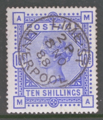 1883 10/- Ultramarine SG 183 lettered M.A.  A Superb  Used example with Extra Deep Colour. Cat £525