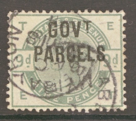 1883 Govt Parcels 9d Green SG 063 E.T.  A Very Fine Used Well Centred example with Deep Colour. A difficult Stamp as Such with Peter Holcombe certificate.  Cat £1,200+