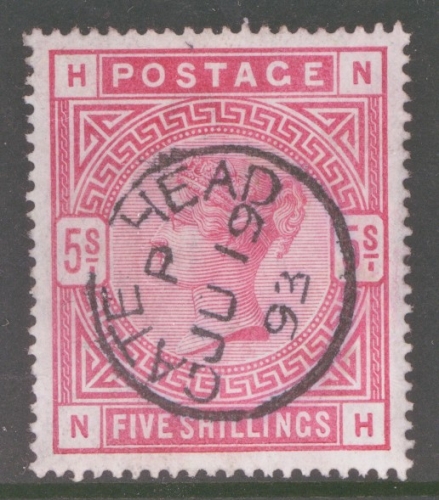 1883 5/- Rose SG 180. Lettered N.H. A Superb Used  example