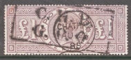 1888 £1 Brown Lilac SG 185 Lettered B.D.  A  Good to Fine Used example cancelled by a Chatham CDS + Box cancel.  Cat £3000