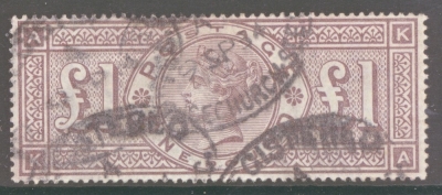 1888 £1 Brown Lilac SG 185 Lettered K.A.  A Good - Fine Used well centred example. Cat £3000
