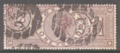 1888 £1 Brown Lilac SG 185 Lettered M.B.  A  Good to Fine Used example with Deep Colour. Cat £3000