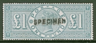 1887 £1 Green SG 212  overprinted Specimen A  Fresh Lightly M/M example with a couple of slightly shorter perfs. Cat £1,100