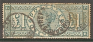 1887 £1 Green lettered P.B.  SG 212  A  Good Used example with repaired tear +  toned. A Great Spacefiller.