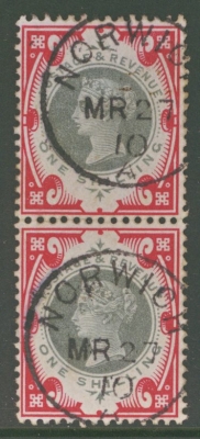 1887 1/-  Green + Carmine SG 214 A Very Fine Used pair