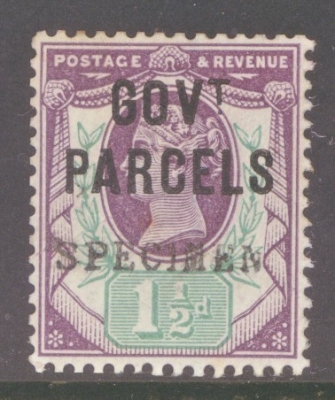1887 Govt Parcels 1½d Dull Purple + Green overprinted Specimen SG 065c  A Good M/M example.  Cat £300