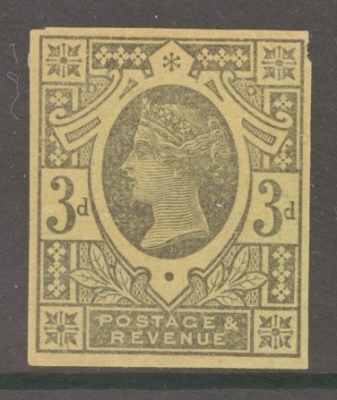 1887 3d Imperf Plate Proof in Black on Green. A Fine example with 4 margins. Cat £350