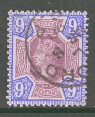 1887 9d Dull Purple + Ultramarine  SG 209 A Very Fine Used  Used example example with Deep Colour. Watermark misplaced to the bottom corner.