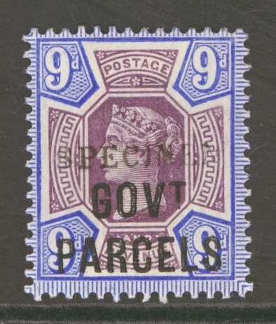 1887 Govt Parcels 9d Dull Purple + Blue overprinted Specimen SG 067s   A Superb Lightly M/M example. Cat £300