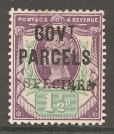 1887 Govt Parcels 1½d Dull Purple + Green  with Specimen overprint SG 065s  A Superb Fresh U/M example. Cat £300+.