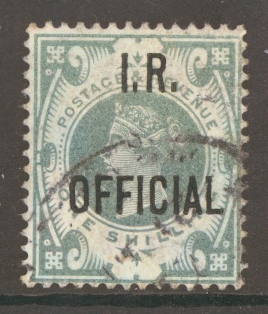 1887 I.R. Official 1/- Green SG 015  A Very Fine Used example with Deep Colour. Cat £375