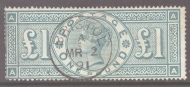 1887 £1 Green lettered A.A  SG 212  A  Very Fine Used example neatly cancelled by a Bristol CDS. Unfortunately trimmed - missing perfs left side.spacefiller cancelled by a Jersey CDS