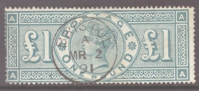 1887 £1 Green lettered A.A  SG 212  A  Very Fine Used example neatly cancelled by a Bristol CDS. Unfortunately trimmed …