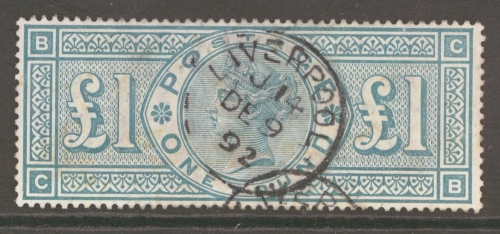 1887 £1 Green lettered C.B.  SG 212  A  Very Fine Used Well Centred example Neatly canceled by a Liverpool  CDS