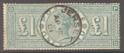 1887 £1 Green SG 212  A  used spacefiller cancelled by a Jersey CDS