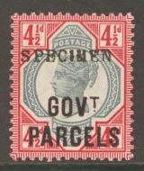 1891 Govt Parcels 4½d Green + Carmine overprinted Specimen SG 071s   A Superb Fresh U/M example. Cat £300