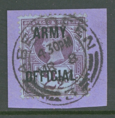 1896 Army Official 2½d Purple on Blue SG O44  A  Fine Used example tied to piece