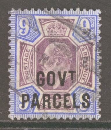 1902 Govt Parcels 9d Dull Blue Ultramarine SG 077.  A Good used example. Cat £175