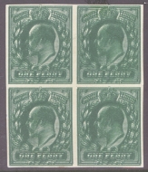 1902 1d Imperf Plate Proof in Green with Double Impresion. A Fresh Block of 4. Cat £320