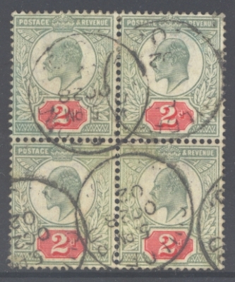 1902 2d Yellowish Green + Carmine SG 225 A Fine Used  block of 4